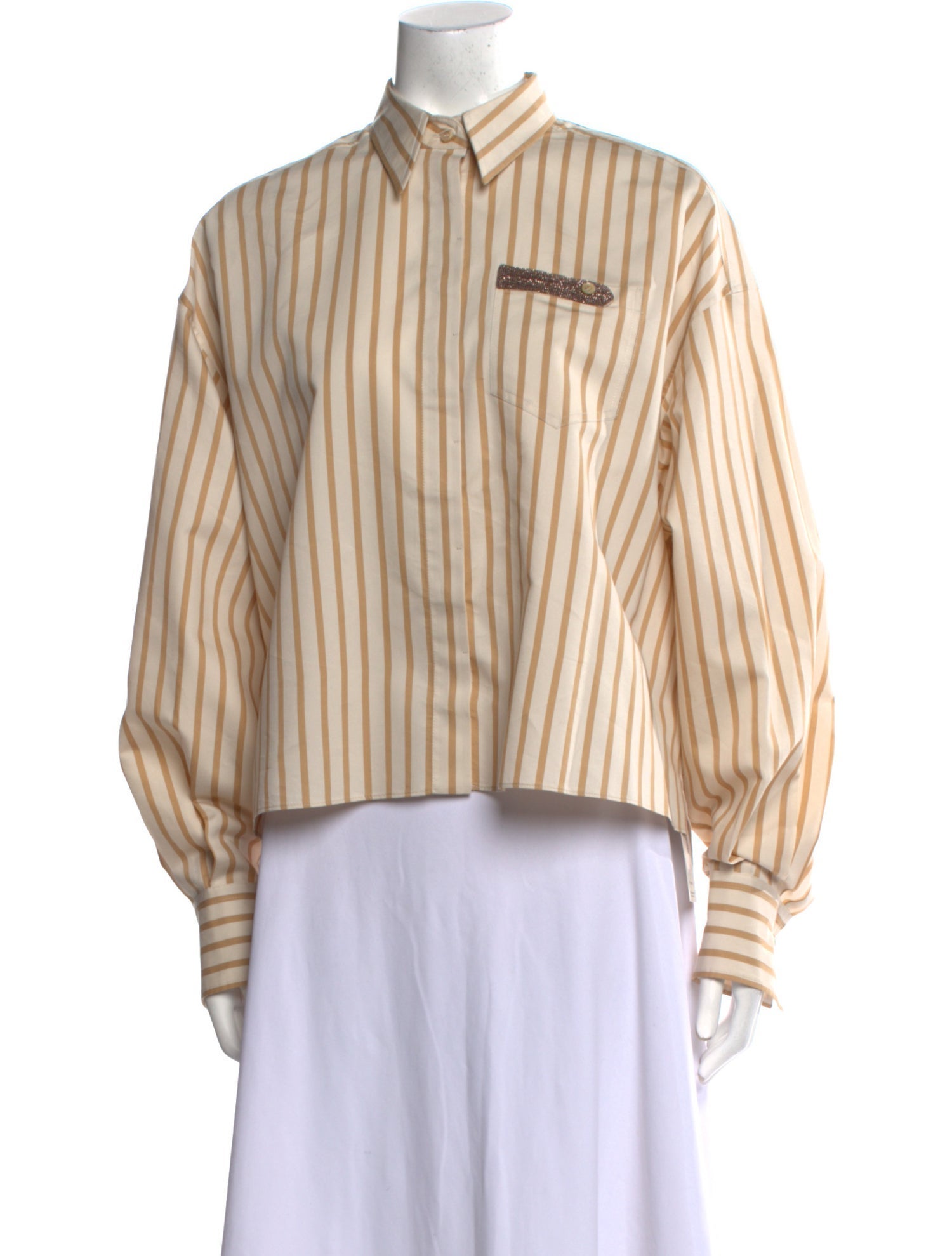 Brunello Cucinelli Striped Mock Neck Button-Up Top
