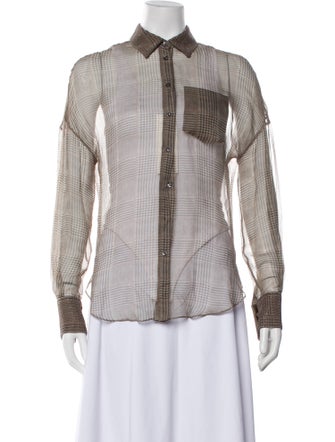 Brunello Cucinelli Wool Plaid Print Button-Up Top