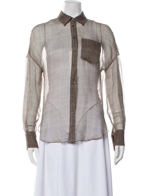 Brunello Cucinelli Wool Plaid Print Button-Up Top