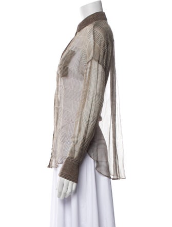 Brunello Cucinelli Wool Plaid Print Button-Up Top