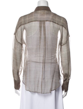 Brunello Cucinelli Wool Plaid Print Button-Up Top