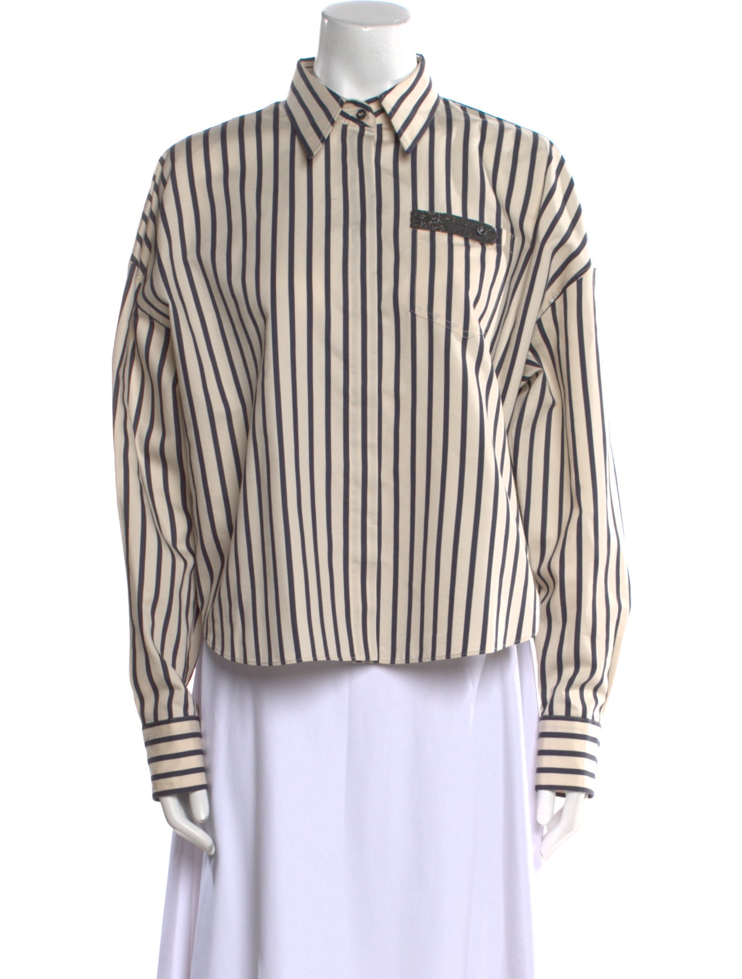 Brunello Cucinelli Striped Long Sleeve Button-Up Top