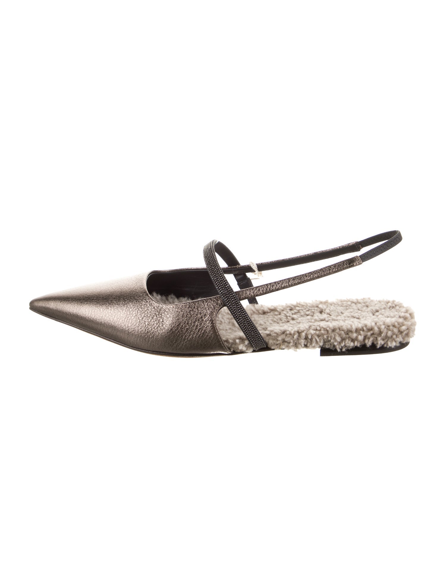 Brunello Cucinelli Leather Beaded Accents Slingback Flats