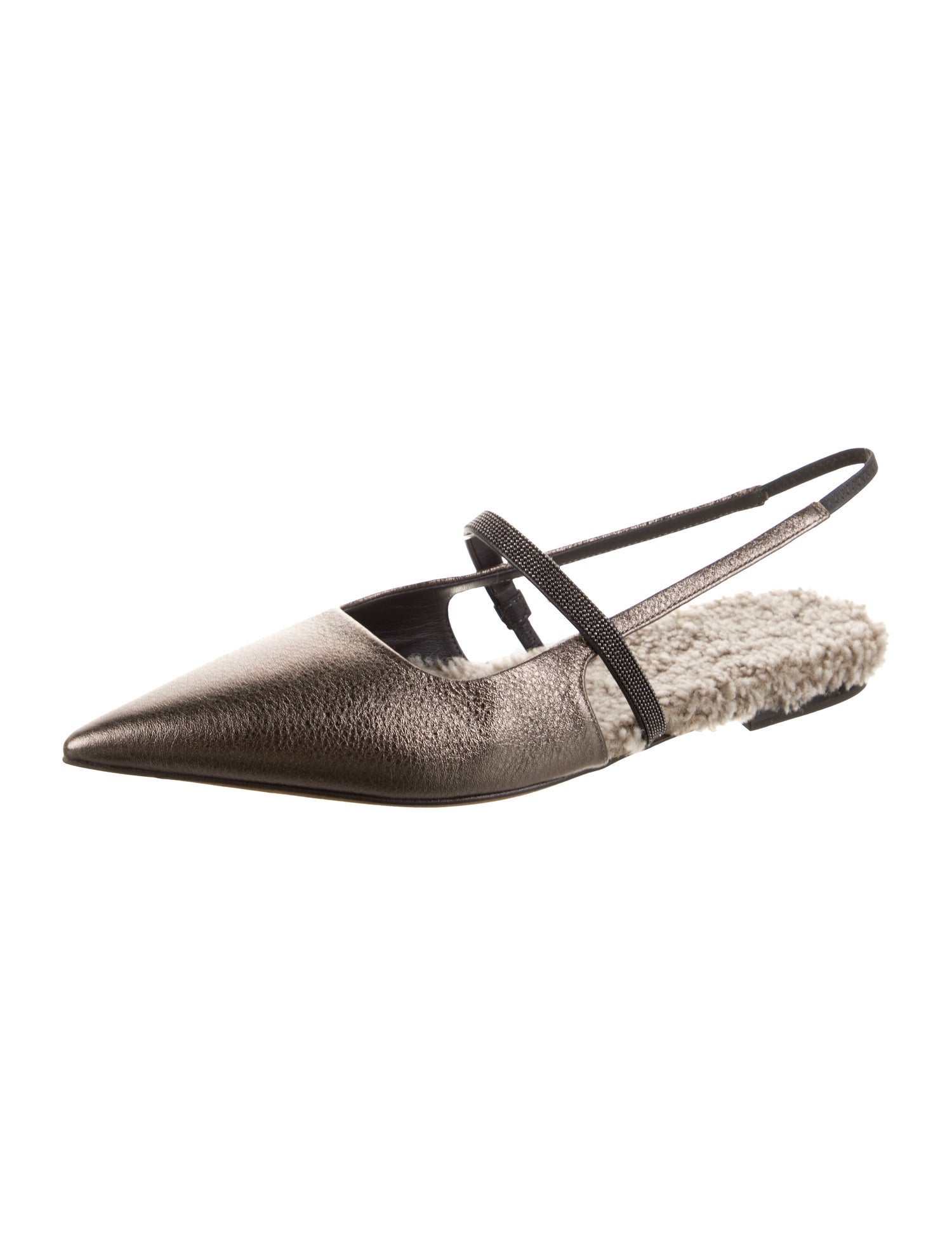 Brunello Cucinelli Leather Beaded Accents Slingback Flats