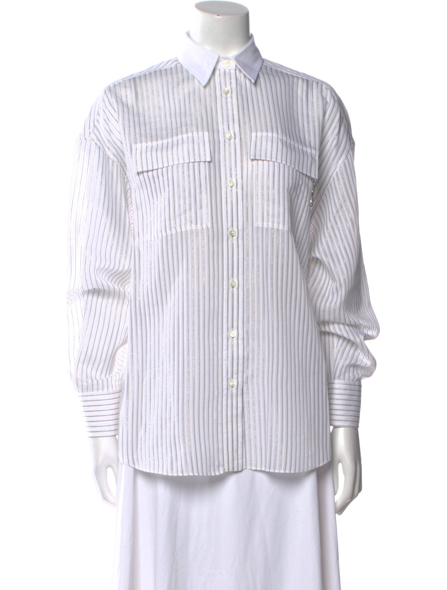Brunello Cucinelli Striped Long Sleeve Button-Up Top