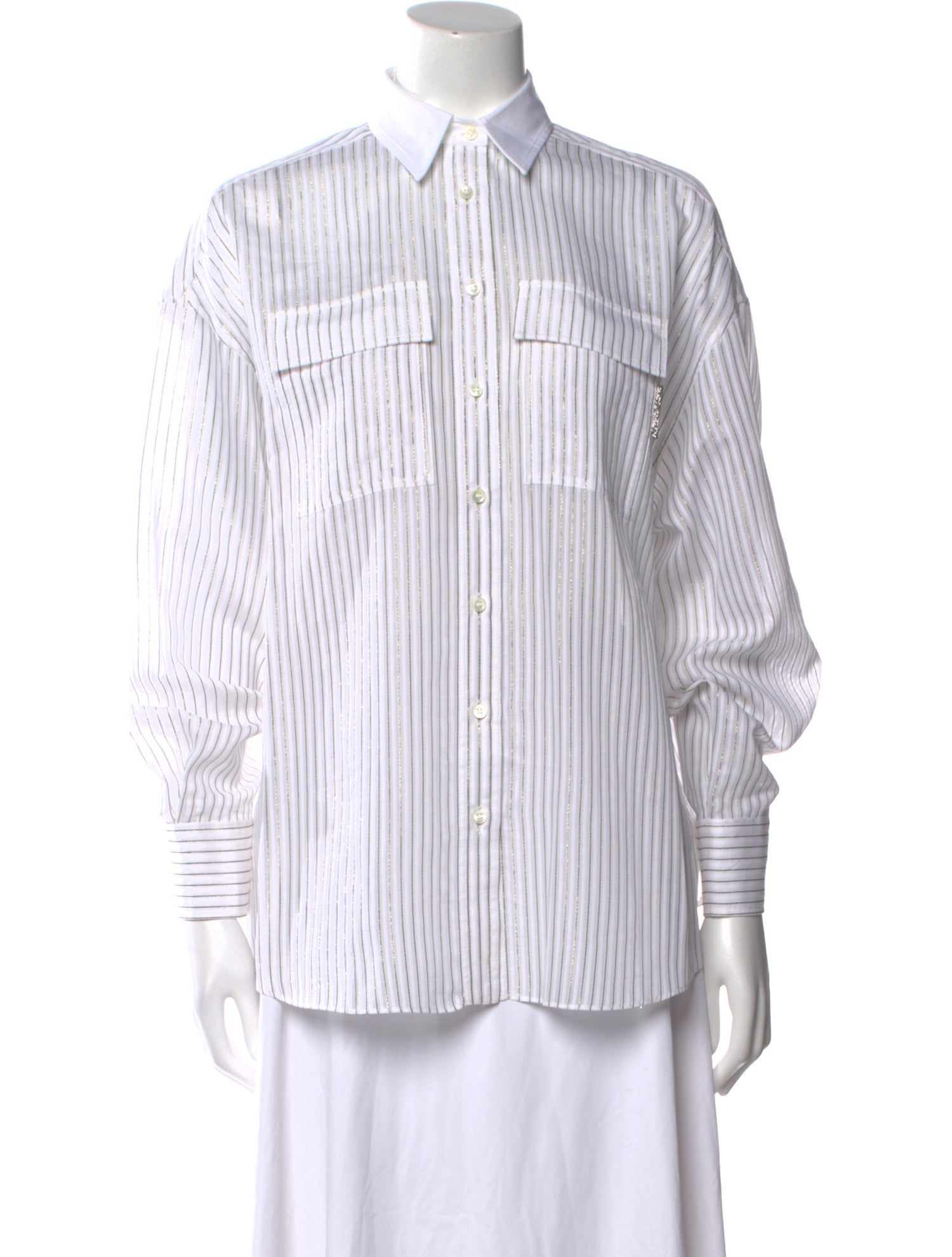 Brunello Cucinelli Striped Long Sleeve Button-Up Top