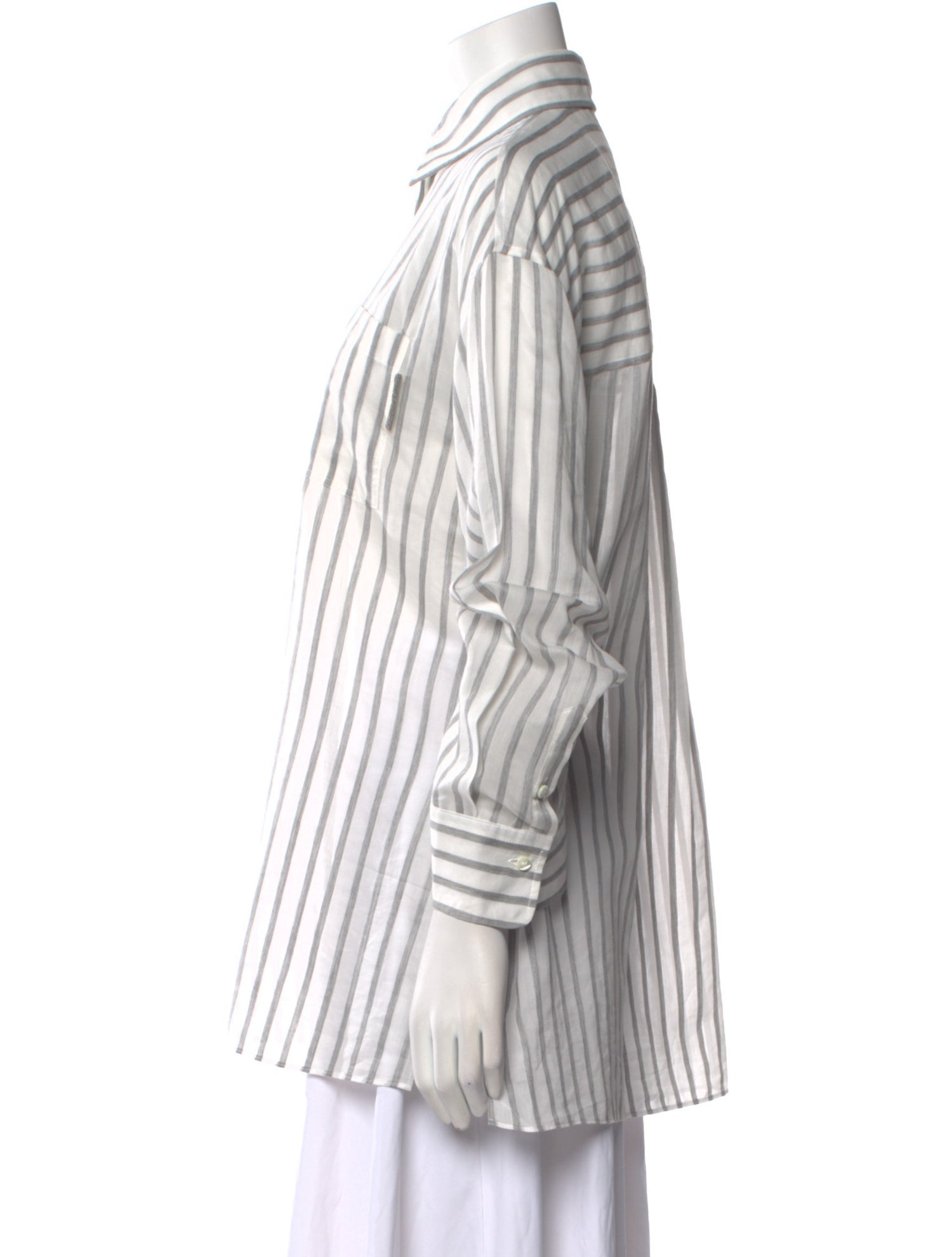 Brunello Cucinelli Striped Long Sleeve Button-Up Top