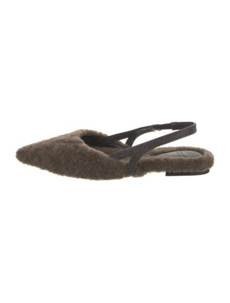 Brunello Cucinelli Shearling Beaded Accents Slingback Flats