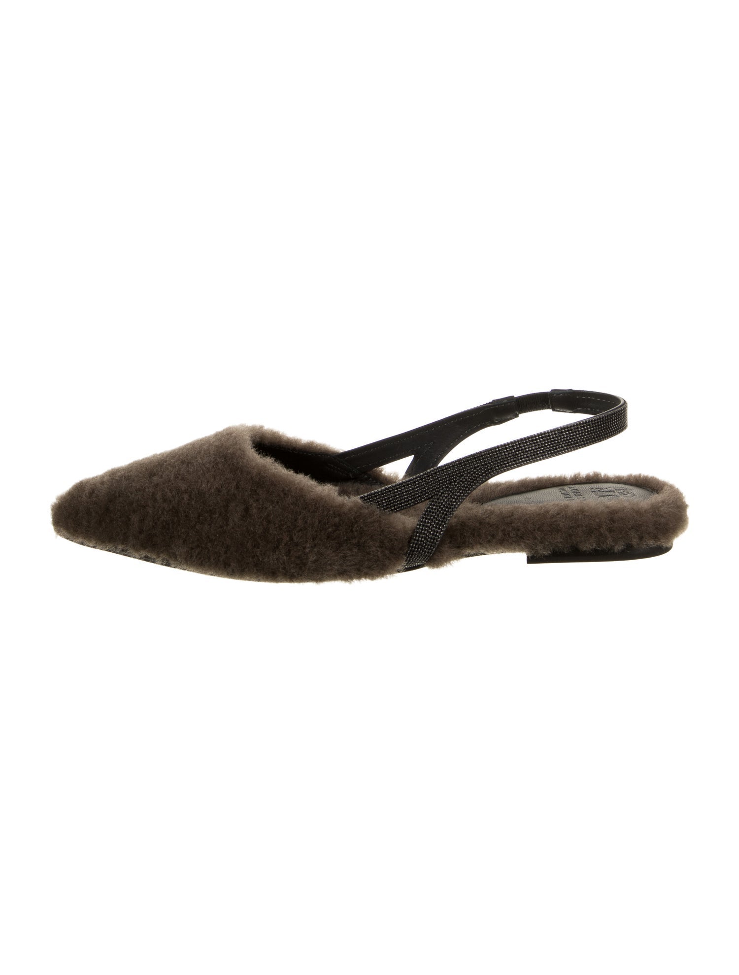 Brunello Cucinelli Shearling Beaded Accents Slingback Flats