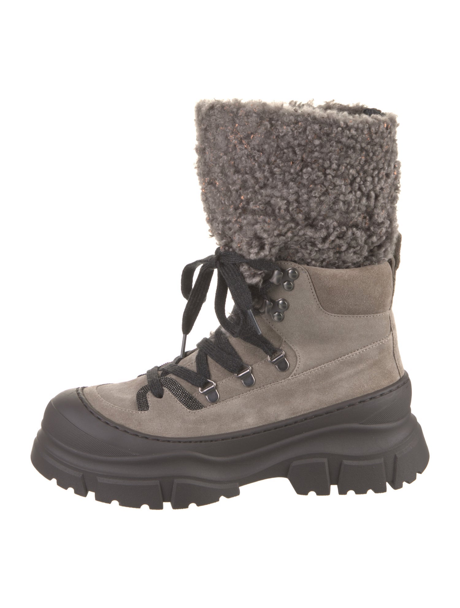 Brunello Cucinelli Suede Fur Trim Lace-Up Boots