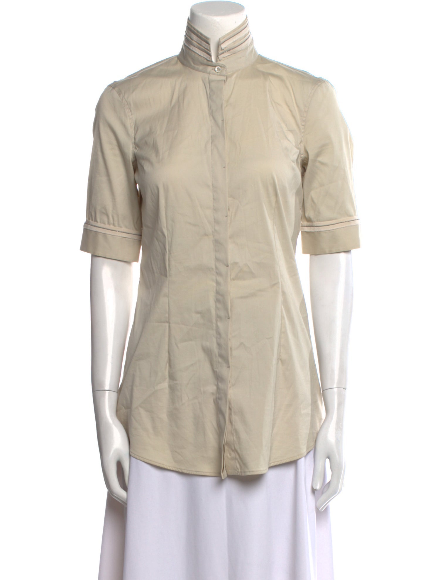 Brunello Cucinelli Mock Neck Short Sleeve Button-Up Top