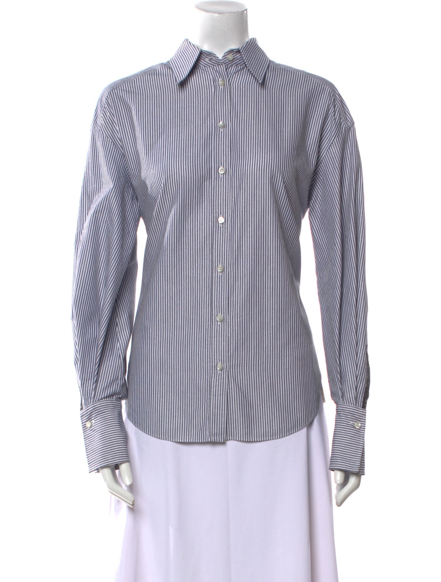 Brunello Cucinelli Striped Long Sleeve Button-Up Top