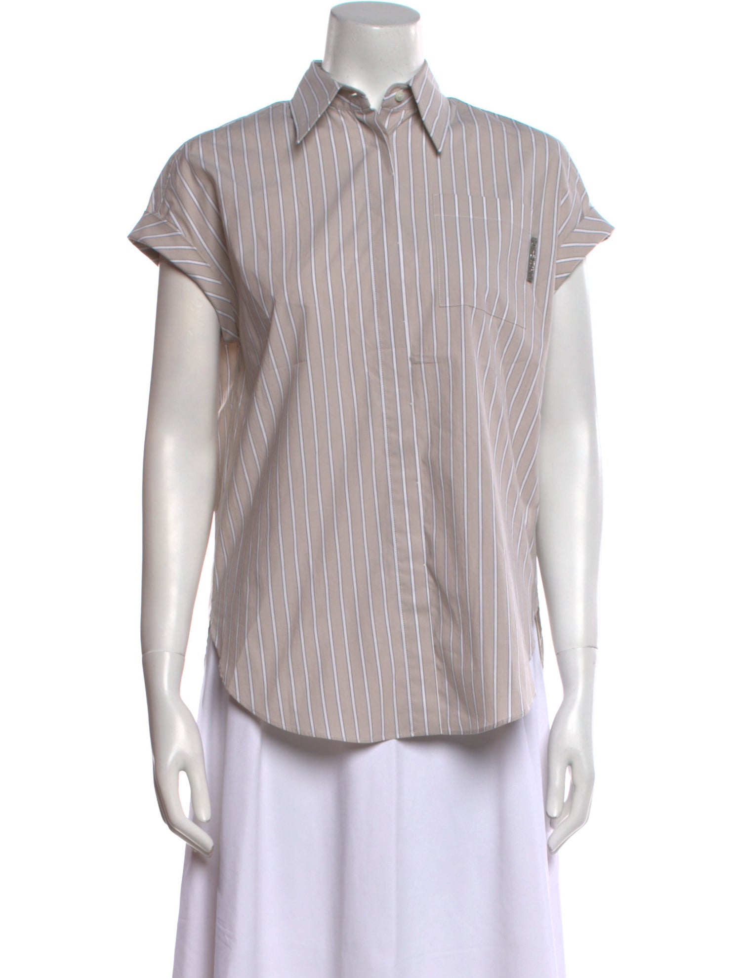Brunello Cucinelli Striped Short Sleeve Button-Up Top
