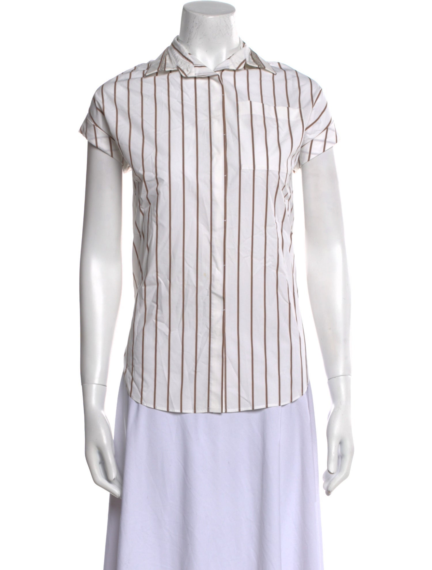 Brunello Cucinelli Striped Short Sleeve Button-Up Top
