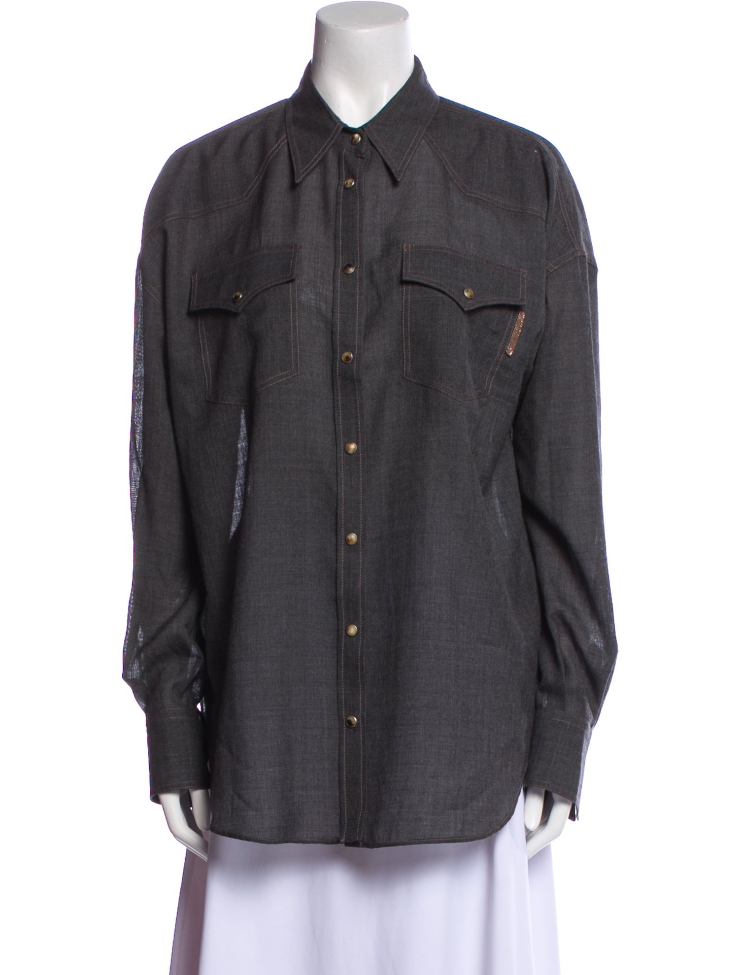 Brunello Cucinelli Virgin Wool Long Sleeve Button-Up Top