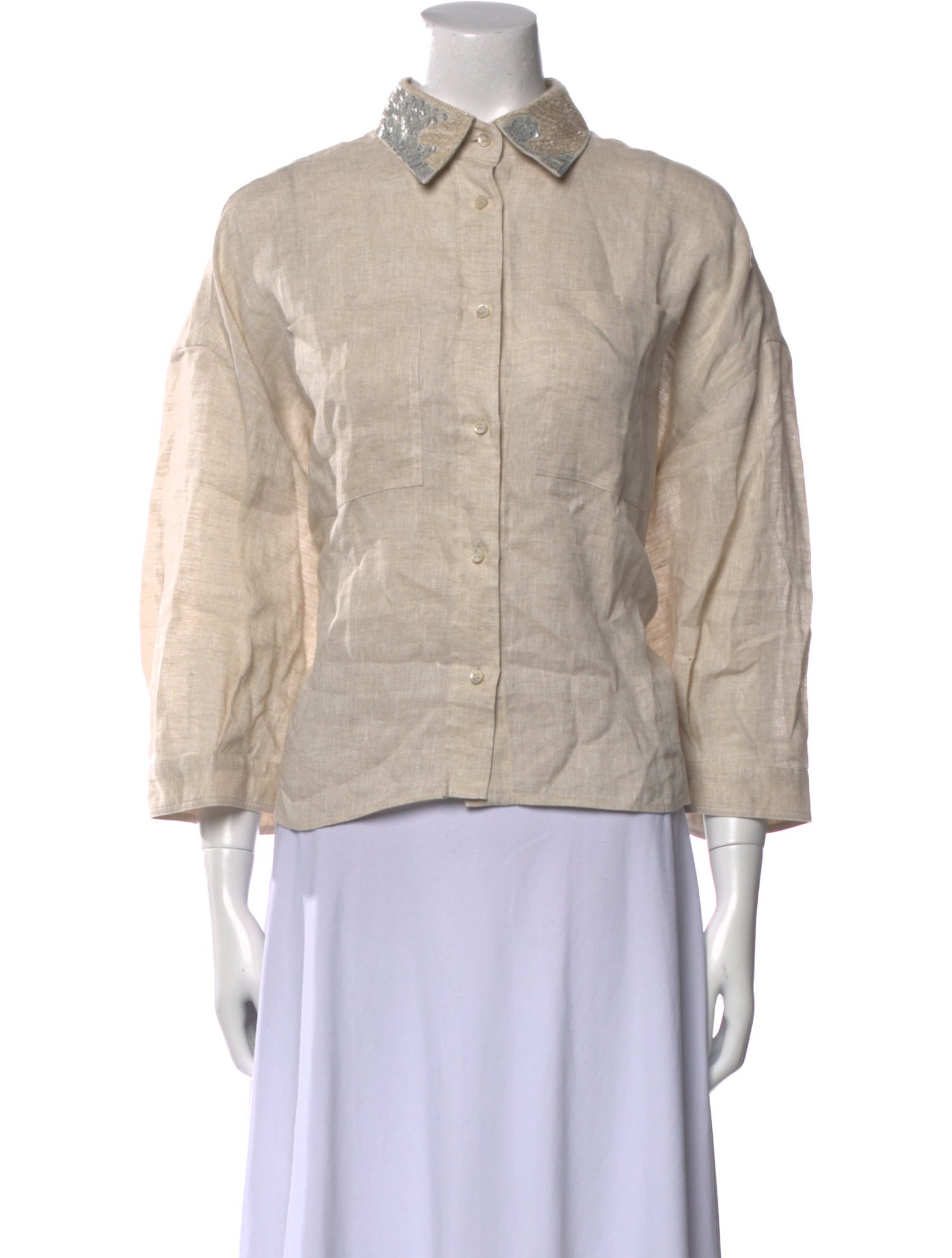 Brunello Cucinelli Linen Three-Quarter Sleeve Button-Up Top w/ Tags