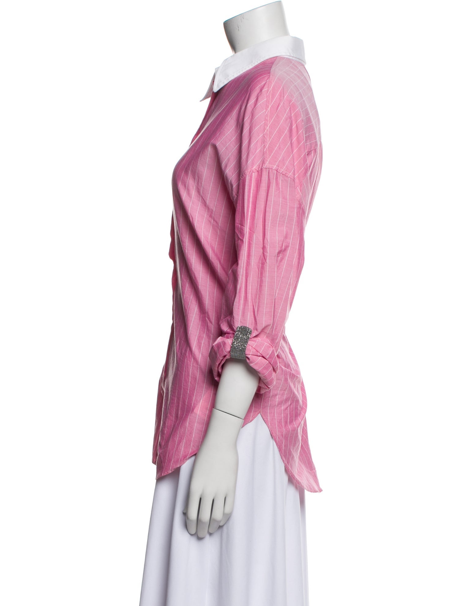 Brunello Cucinelli Striped Three-Quarter Sleeve Button-Up Top