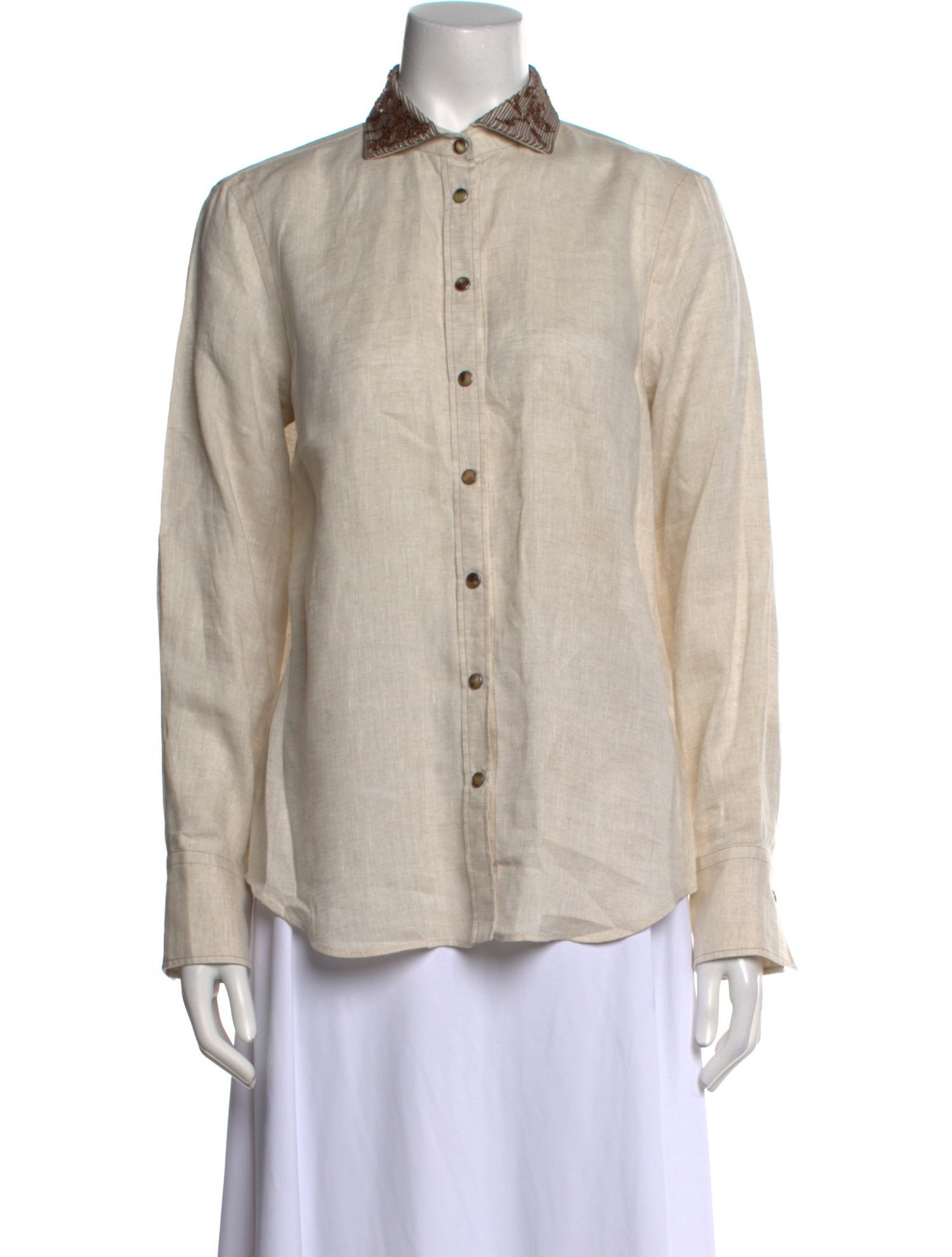 Brunello Cucinelli Linen Long Sleeve Button-Up Top