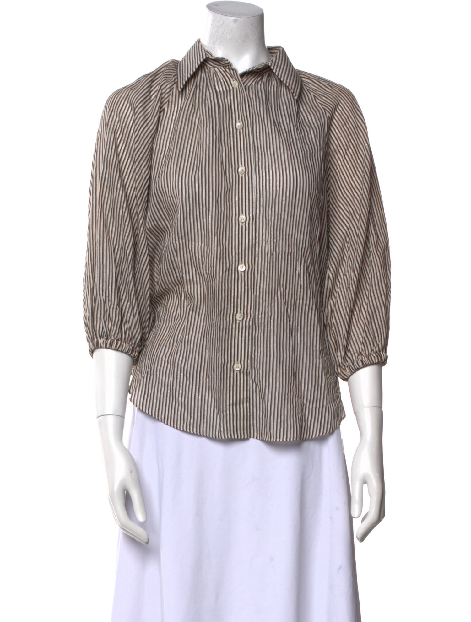 Brunello Cucinelli Striped Three-Quarter Sleeve Button-Up Top