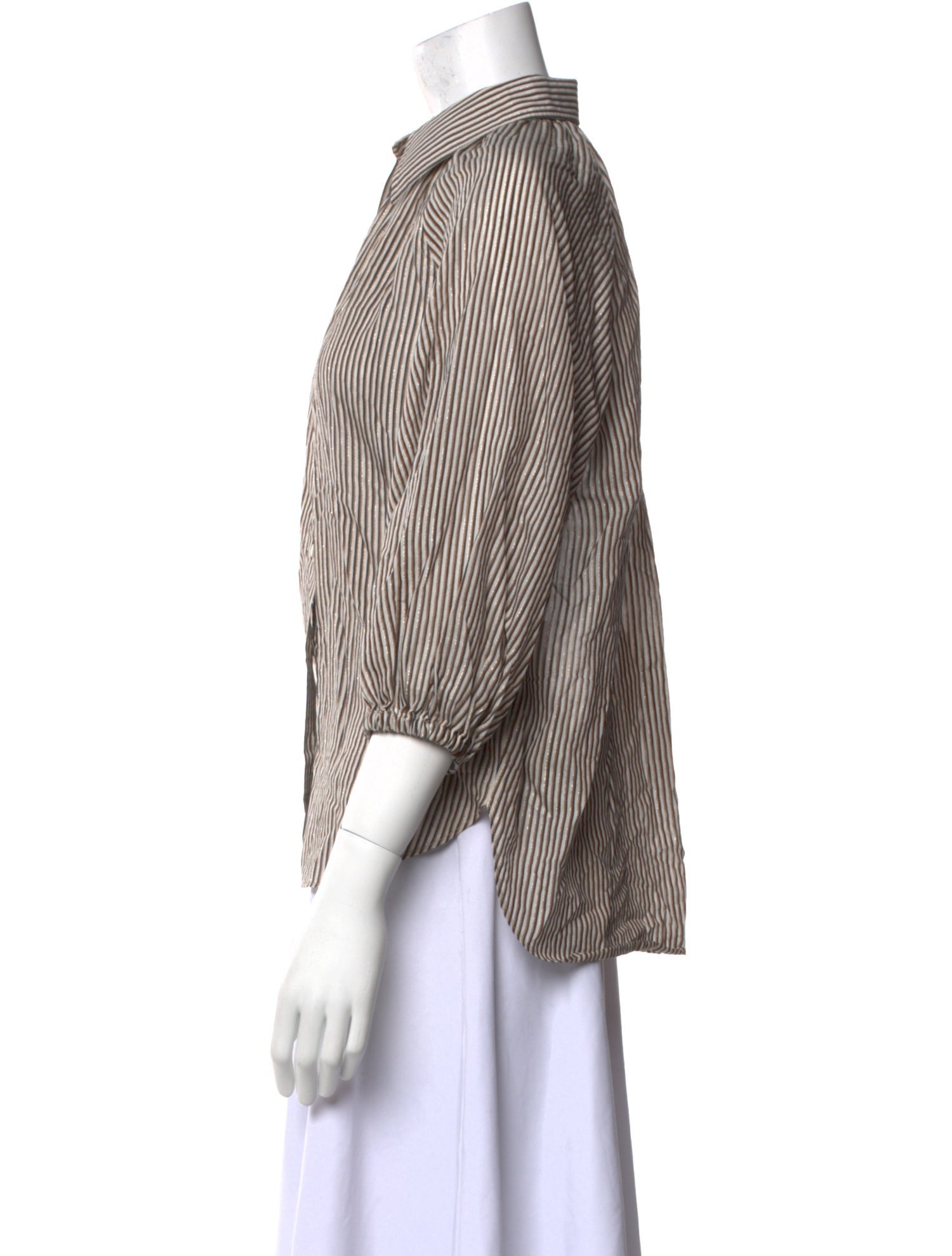 Brunello Cucinelli Striped Three-Quarter Sleeve Button-Up Top