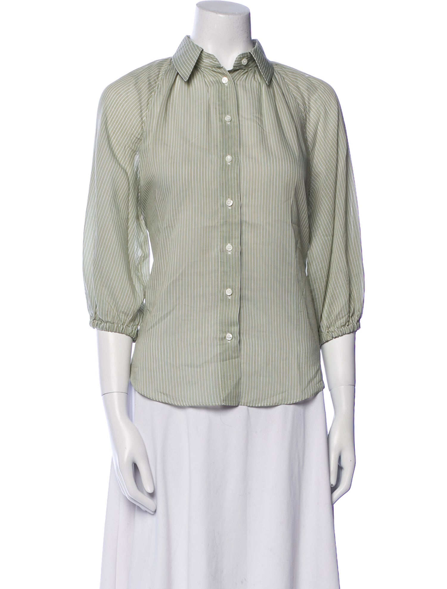 Brunello Cucinelli Striped Three-Quarter Sleeve Button-Up Top