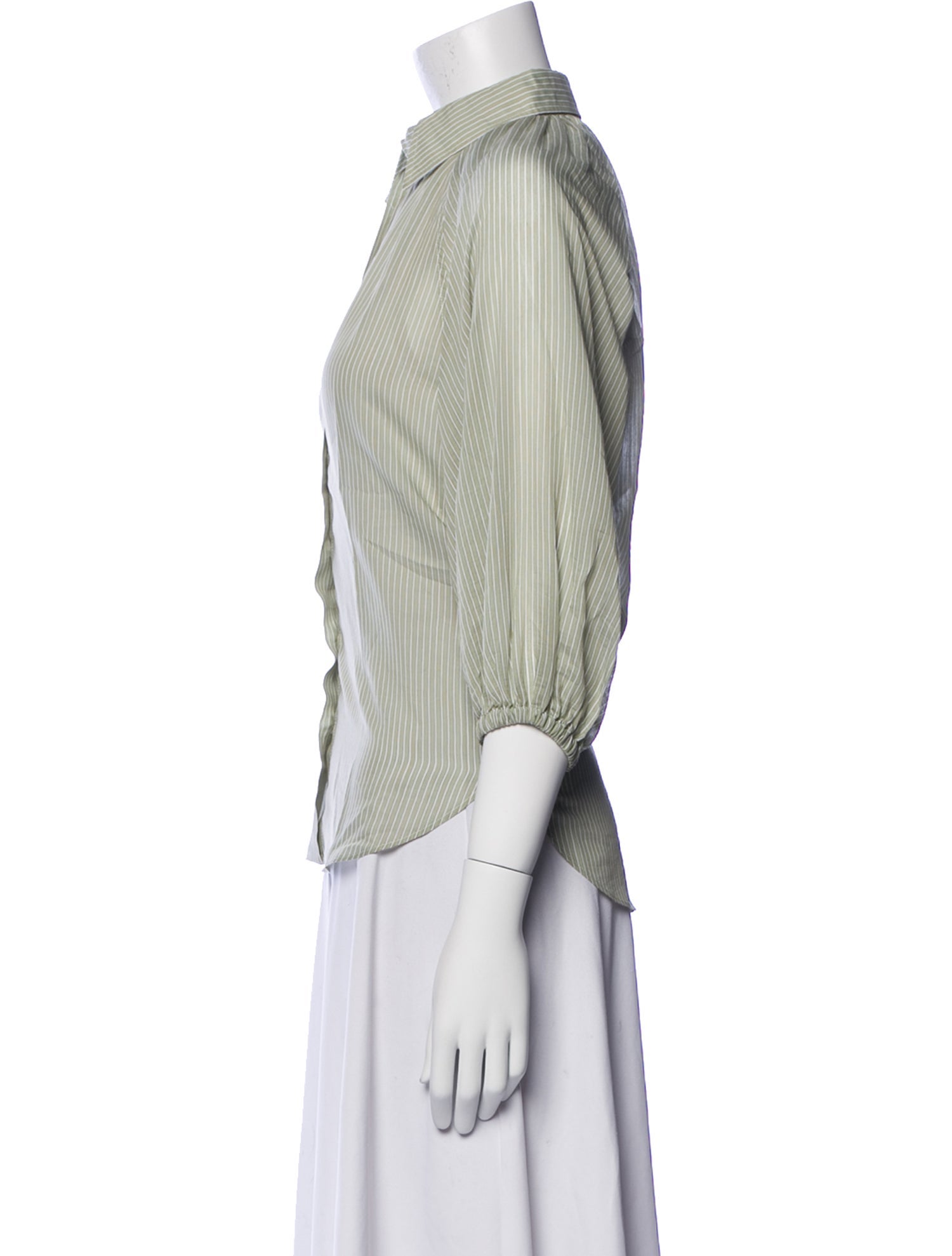 Brunello Cucinelli Striped Three-Quarter Sleeve Button-Up Top