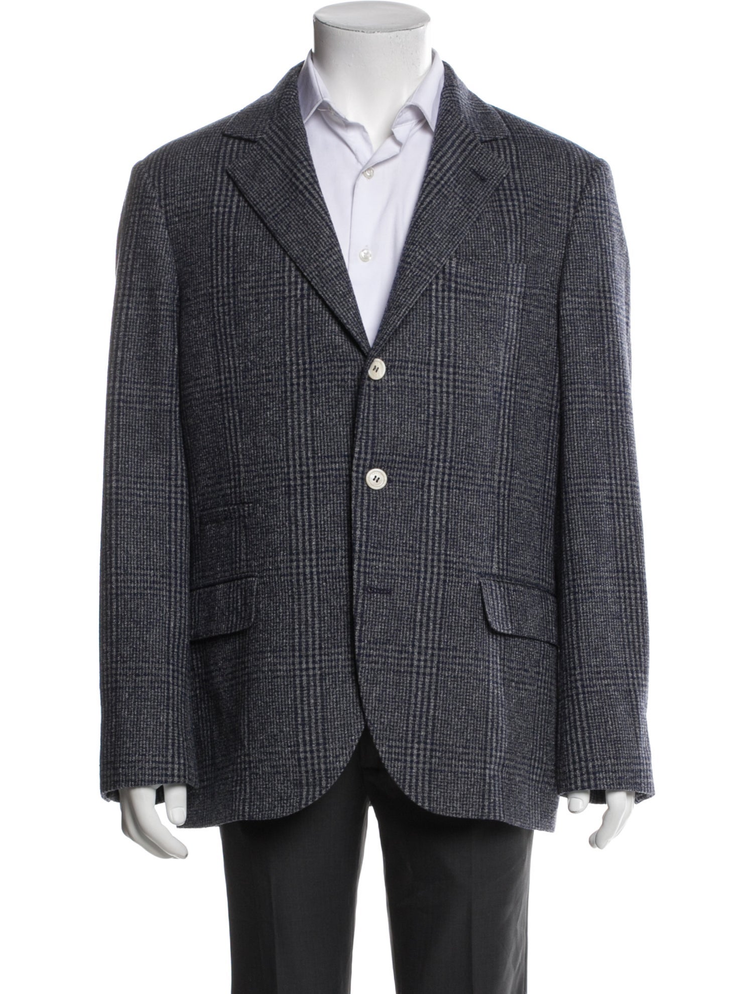 Brunello Cucinelli Wool Plaid Print Peacoat
