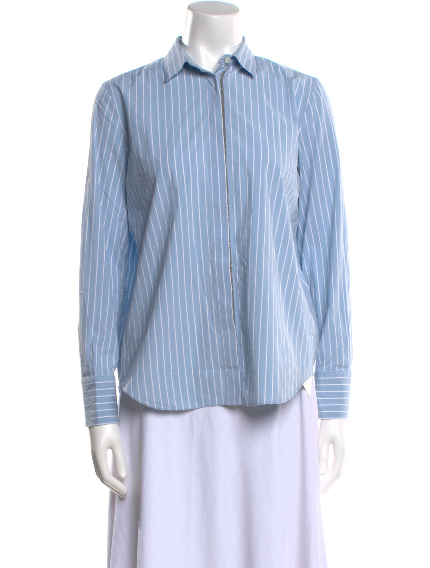 Brunello Cucinelli Striped Long Sleeve Button-Up Top
