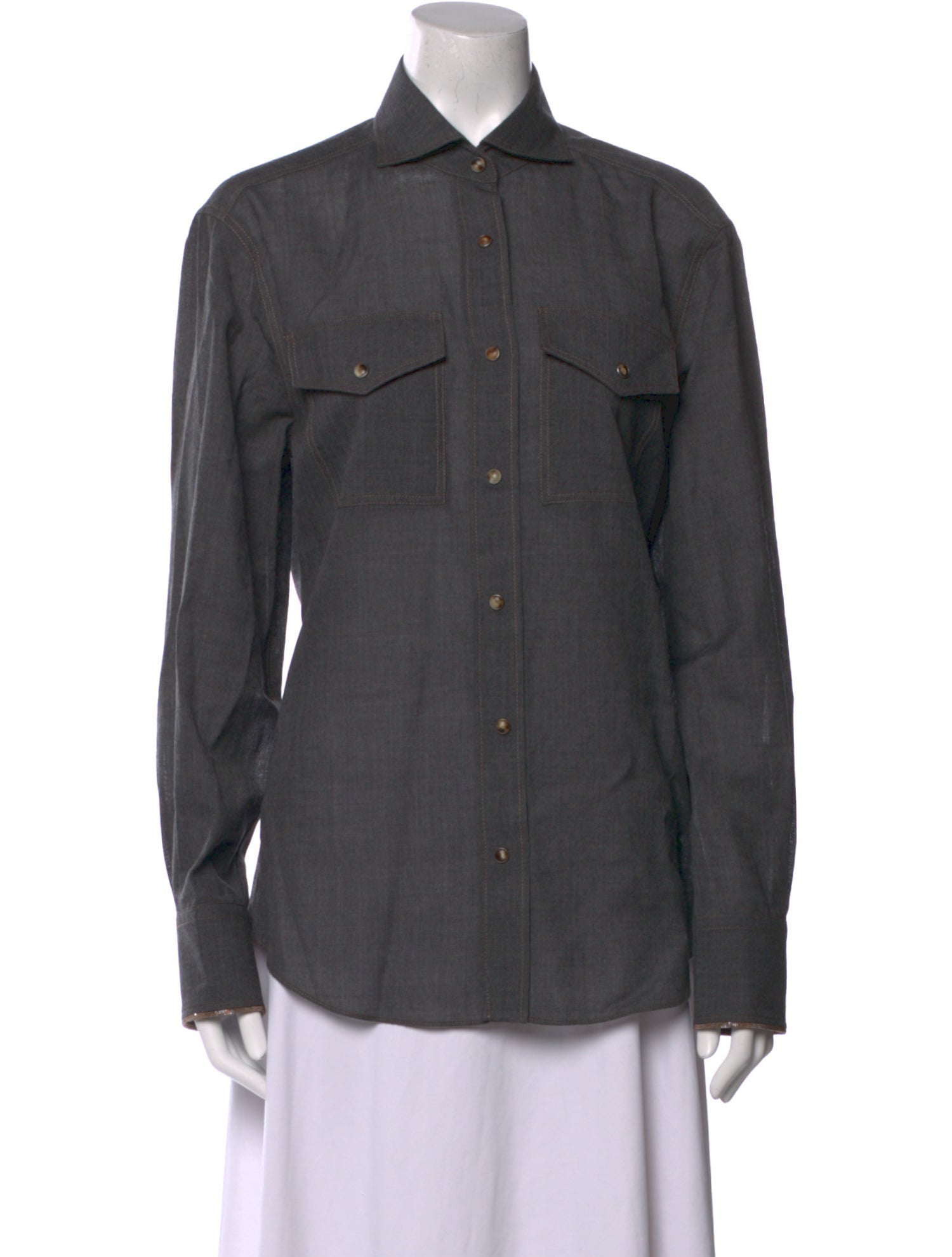 Brunello Cucinelli Virgin Wool Long Sleeve Button-Up Top w/ Tags