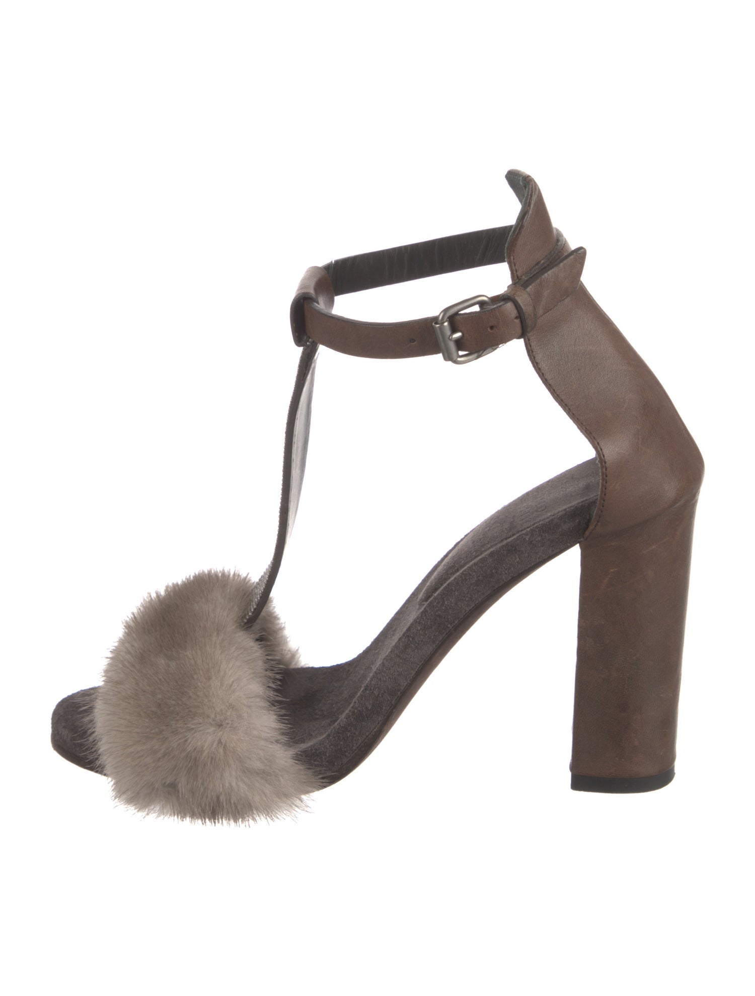 Brunello Cucinelli Leather Fur Trim T-Strap Sandals