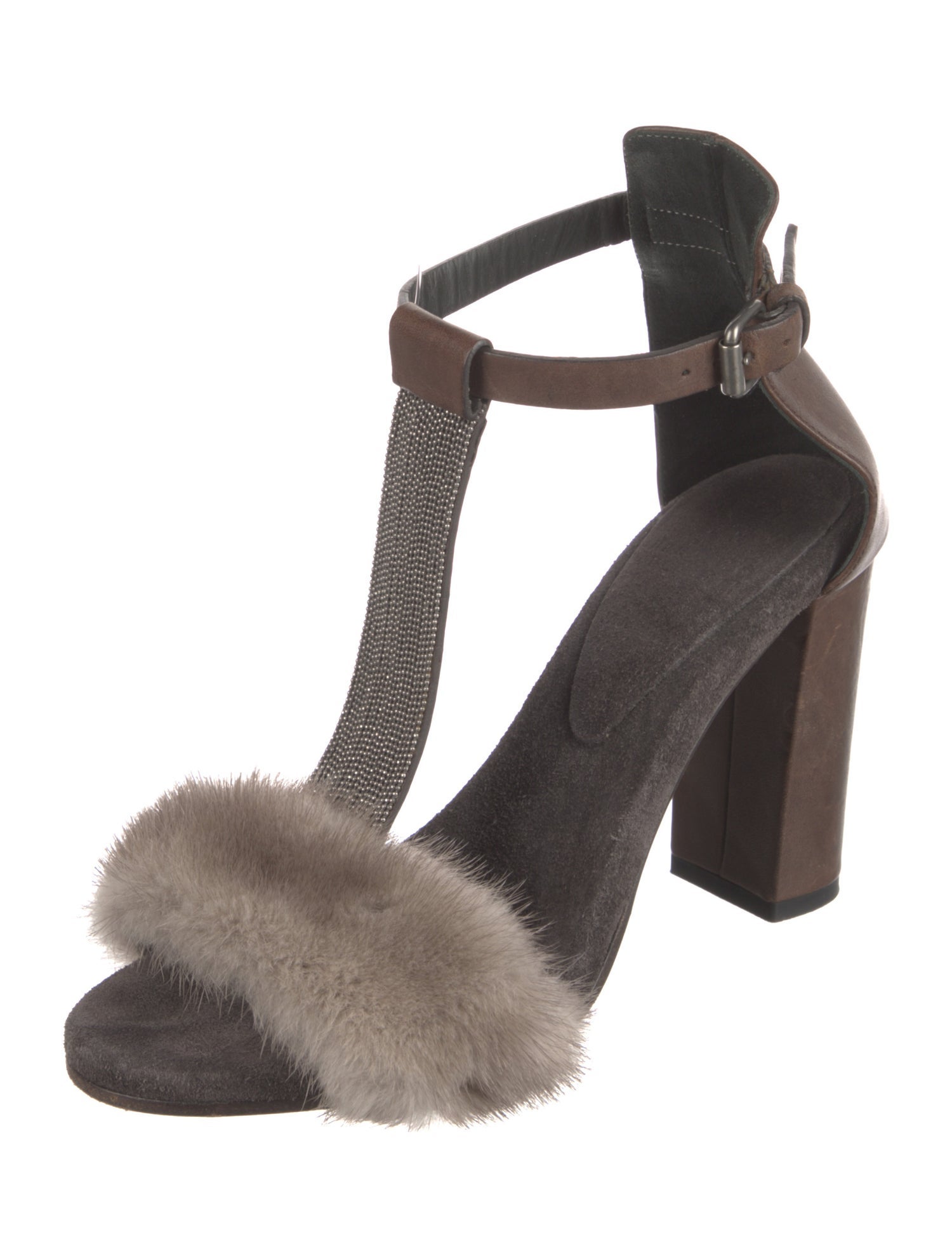 Brunello Cucinelli Leather Fur Trim T-Strap Sandals