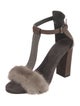 Brunello Cucinelli Leather Fur Trim T-Strap Sandals