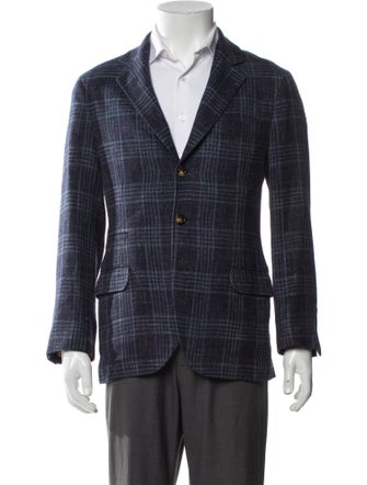 Brunello Cucinelli Wool Plaid Print Peacoat