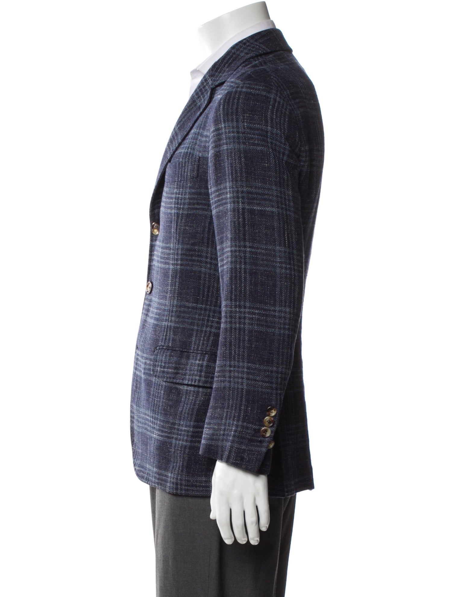Brunello Cucinelli Wool Plaid Print Peacoat