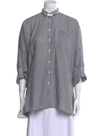 Brunello Cucinelli Striped Mock Neck Button-Up Top