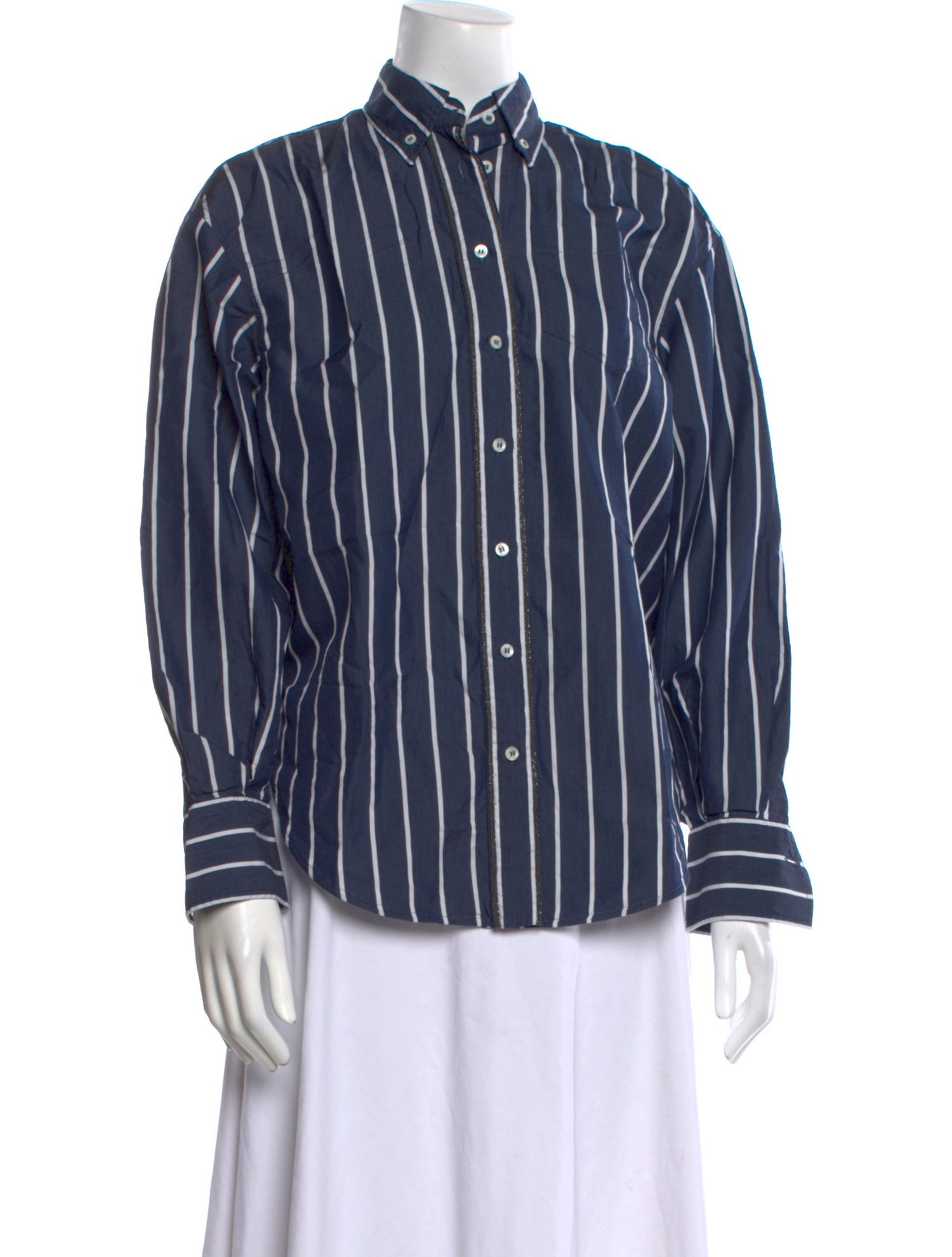 Brunello Cucinelli Striped Long Sleeve Button-Up Top