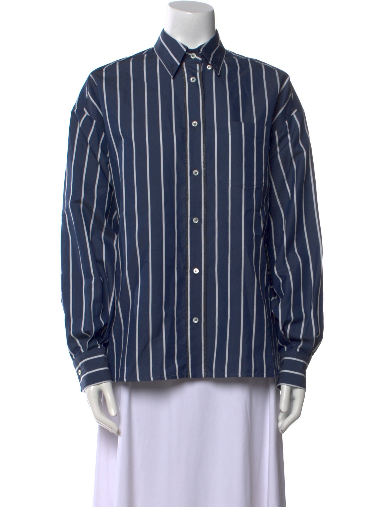 Brunello Cucinelli Striped Long Sleeve Button-Up Top