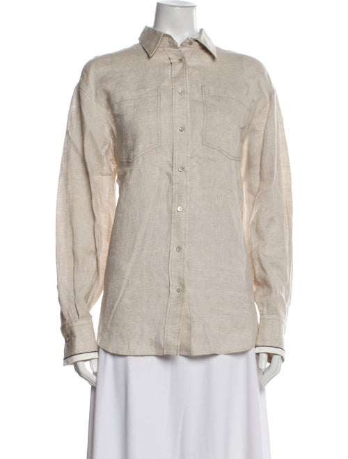 Brunello Cucinelli Linen Long Sleeve Button-Up Top