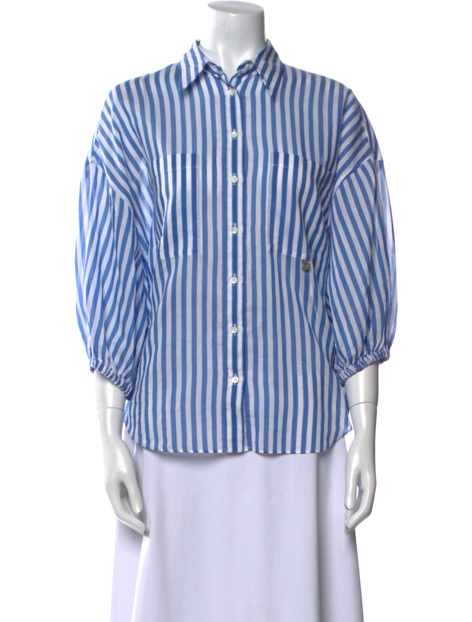 Brunello Cucinelli Striped Three-Quarter Sleeve Button-Up Top