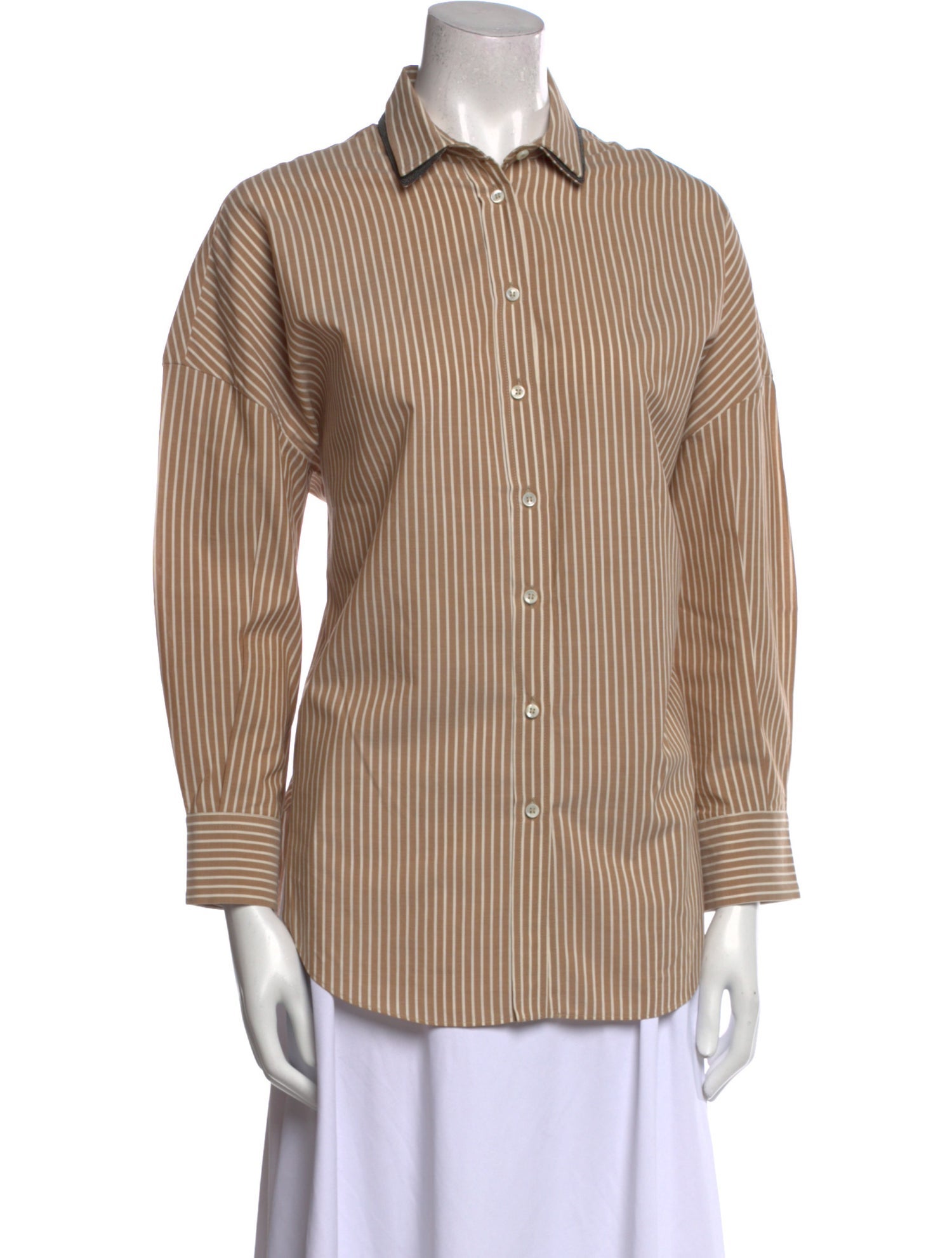 Brunello Cucinelli Striped Long Sleeve Button-Up Top
