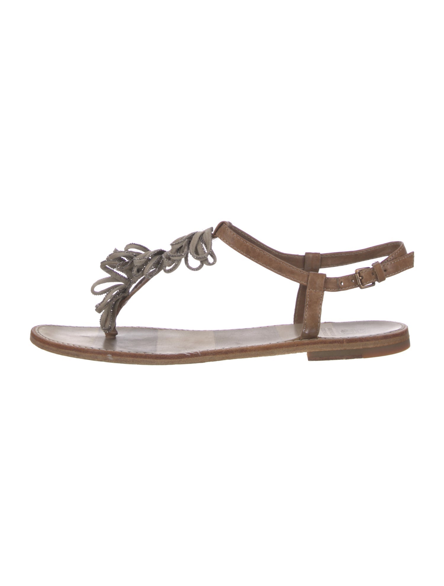 Brunello Cucinelli Monili Suede T-Strap Sandals