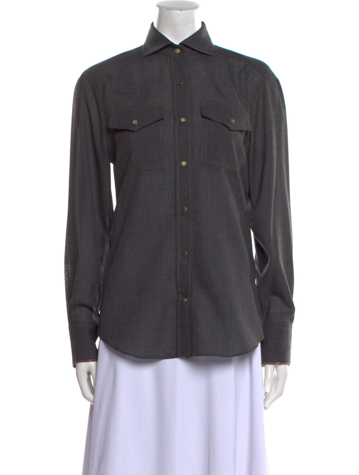 Brunello Cucinelli Virgin Wool Long Sleeve Button-Up Top