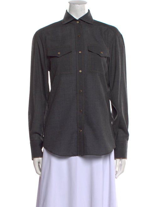 Brunello Cucinelli Virgin Wool Long Sleeve Button-Up Top
