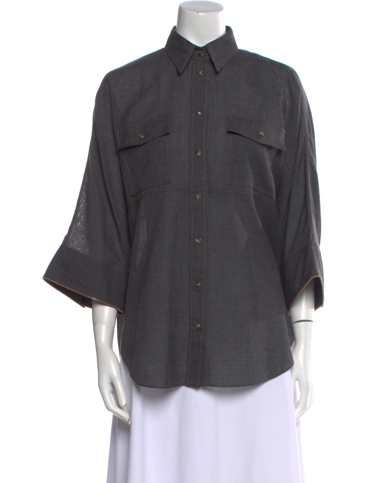 Brunello Cucinelli Virgin Wool Long Sleeve Button-Up Top