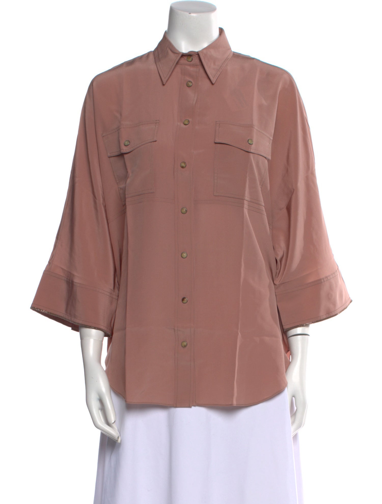Brunello Cucinelli Silk Three-Quarter Sleeve Button-Up Top