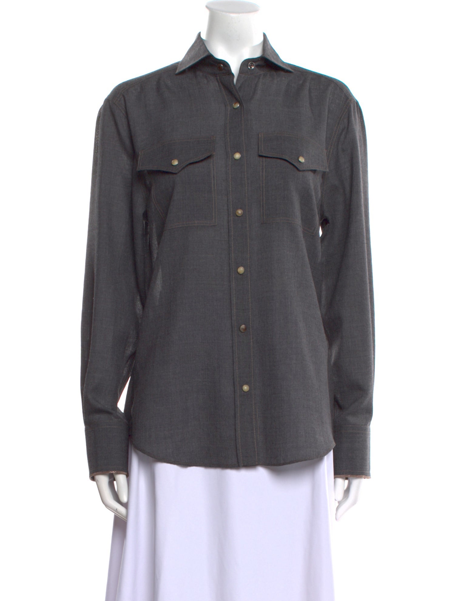 Brunello Cucinelli Virgin Wool Long Sleeve Button-Up Top