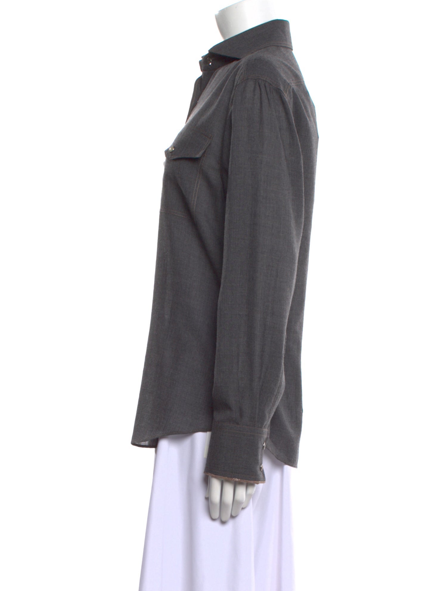 Brunello Cucinelli Virgin Wool Long Sleeve Button-Up Top