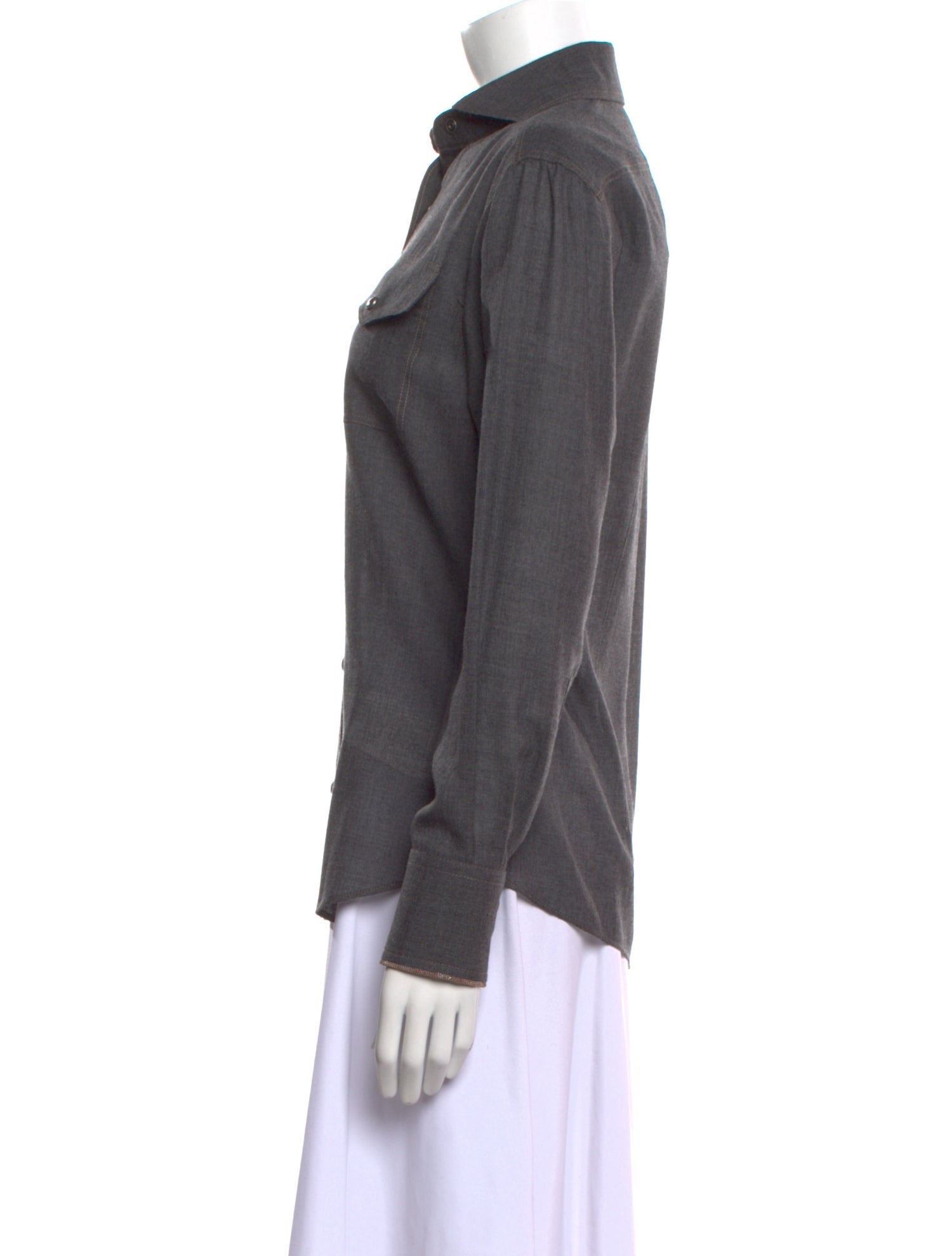 Brunello Cucinelli Virgin Wool Long Sleeve Button-Up Top