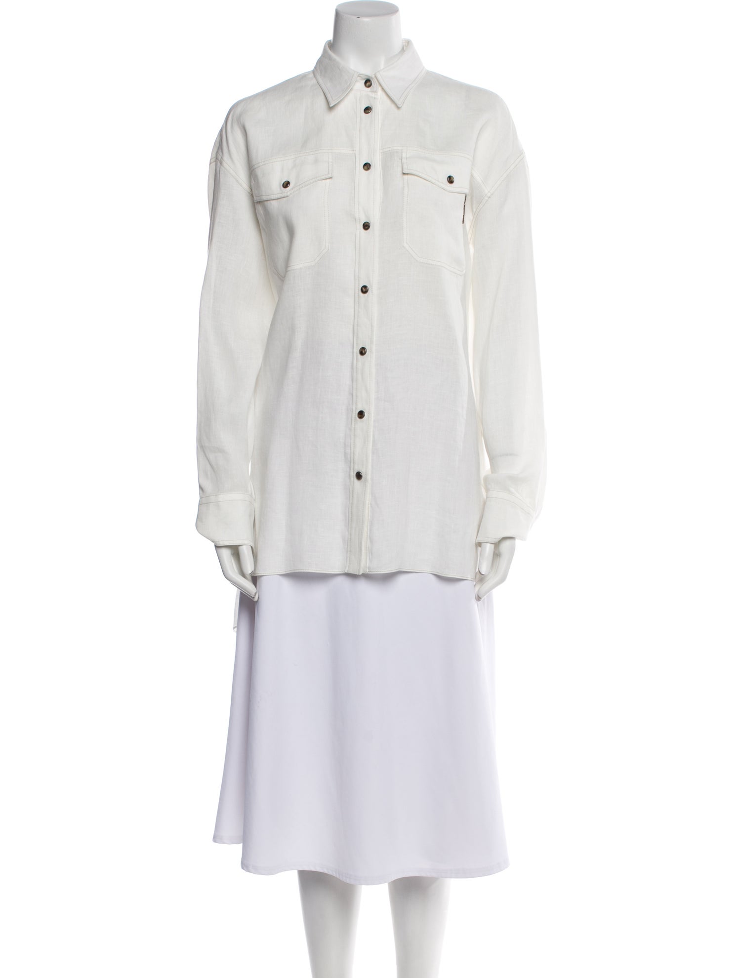 Brunello Cucinelli Linen Long Sleeve Button-Up Top