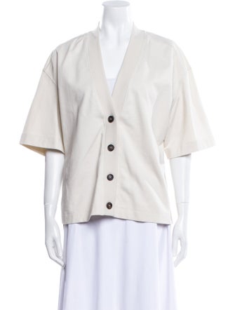 Brunello Cucinelli V-Neck Three-Quarter Sleeve Button-Up Top